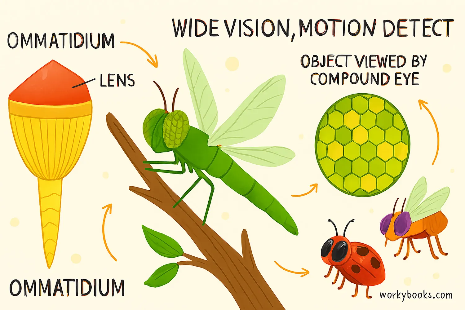 Wide diagram showing insect compound eyes, ommatidia, and panoramic vision with dragonfly and fly. Image caption: Compound eyes use ommatidia for wide vision, motion detection, and survival advantage.
